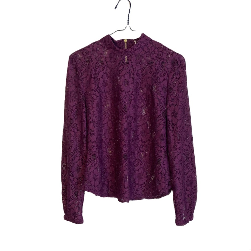 PURPLE LACE SEE-THROUGH LONG SLEEVE TOP, HIGH NECK WITH ZIPPER, SIZE SMALL